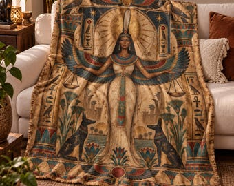 May include: A rectangular throw blanket featuring a central illustration of an Egyptian goddess with large wings, a feather headdress, and scales. The design includes two jackals, lotus flowers, hieroglyphics, and a sunburst in shades of gold, blue, and red.