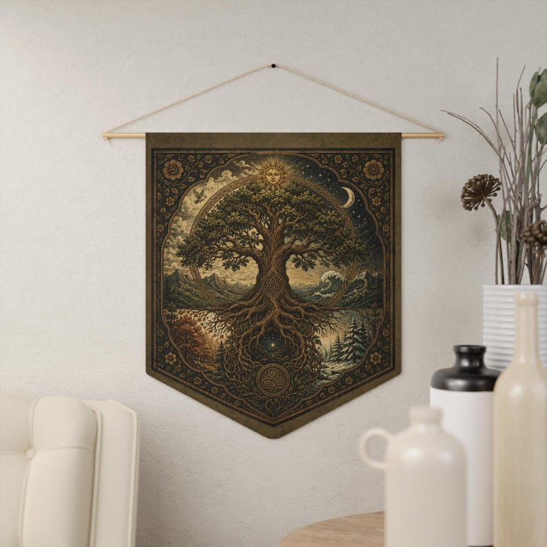 Tree of Life wall decor pennant featuring a vintage Celtic Tree of Life inspired by Yggdrasil with intricate sacred knotwork. Pagan altar wall hanging for Wiccan home decor, Norse mythology enthusiasts, Celtic spirituality, witchcraft spaces, meditation rooms, sacred altars, and nature-inspired spiritual gifts. Lightweight fabric tapestry with wooden dowel for easy hanging.
