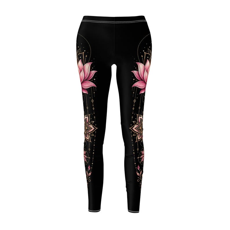 Lotus flower leggings for women featuring a vertical mandala design, spiritual yoga pants with boho aesthetic and divine feminine energy. Perfect meditation clothing, zen outfit for yoga lovers, mindfulness practice, and stylish activewear gift for her.