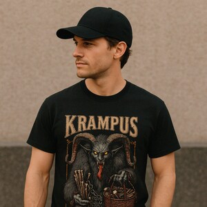 Dark Krampus Christmas shirt featuring the legendary holiday demon from Alpine folklore, perfect for fans of gothic fashion, pagan style, and alternative holiday apparel.