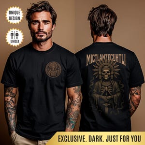 Mictlantecuhtli T-Shirt Aztec Death God Back Print Tee | Gothic Mesoamerican Skull Design | Mexican Mythology Gift for Fans of Aztec History