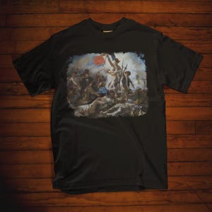 May include: Black t-shirt with a graphic print of a painting depicting a group of people holding a flag. The painting is in a vintage style.
