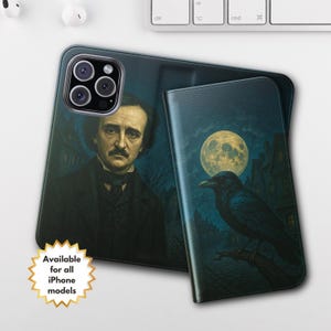 Funda para iPhone de Edgar Allan Poe, regalo gótico / Funda con tapa para iPhone de Raven / Regalo Dark Academia para amantes de los libros / Regalo literario Nevermore Macabre