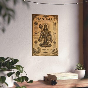 Hanuman poster featuring the powerful Hindu monkey god and devoted Ram Bhakt in an intricate vintage-inspired design. Spiritual Hindu wall art perfect for yoga studios, meditation rooms, prayer spaces, and sacred home decor. Ideal gift for Hinduism lovers, Indian mythology enthusiasts, yoga practitioners, and spiritual seekers who appreciate devotional artwork and traditional Indian culture.