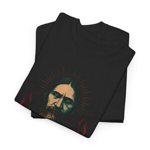 Mystical Rasputin t-shirt featuring a dark grunge occult illustration inspired by the legendary Russian mystic, with gothic aesthetic and esoteric symbolism. Funny dark humor shirt for history lovers, occult fans, and gothic style enthusiasts, designed with a vintage distressed look.