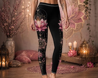 Lotus Flower Leggings for Women: Spiritual Yoga Pants | Mandala Boho Outfit | Divine Feminine Aesthetic | Meditation Zen Clothing Gift