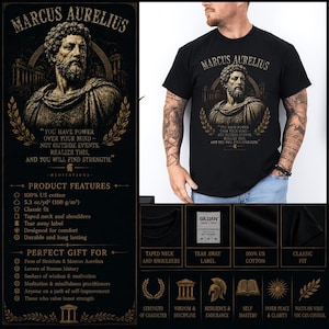 Marcus Aurelius shirt featuring a vintage-inspired portrait of the Roman emperor and famous Stoic philosopher. This stoicism tee is perfect for philosophy lovers, history enthusiasts, self-discipline seekers, and fans of ancient Rome. Motivational philosophy shirt inspired by Stoic wisdom, resilience, virtue, personal growth, and the teachings of Marcus Aurelius.