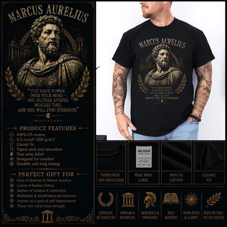 Marcus Aurelius shirt featuring a vintage-inspired portrait of the Roman emperor and famous Stoic philosopher. This stoicism tee is perfect for philosophy lovers, history enthusiasts, self-discipline seekers, and fans of ancient Rome. Motivational philosophy shirt inspired by Stoic wisdom, resilience, virtue, personal growth, and the teachings of Marcus Aurelius.