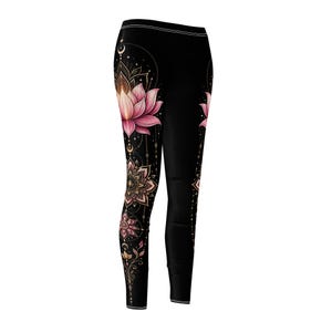 Lotus flower leggings for women featuring a vertical mandala design, spiritual yoga pants with boho aesthetic and divine feminine energy. Perfect meditation clothing, zen outfit for yoga lovers, mindfulness practice, and stylish activewear gift for her.