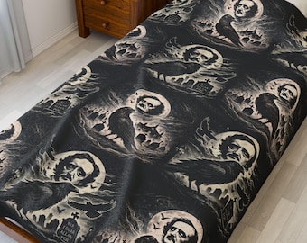 Edgar Allan Poe Raven Blanket: Gothic Velveteen Plush Throw | Dark Academia Gift for Poe Lovers | Gothic Home Decor