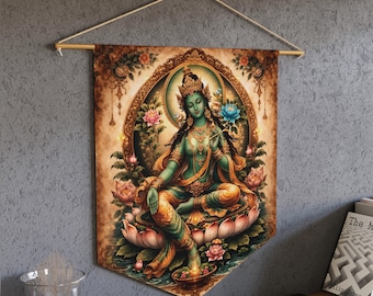 Green Tara Wall Decor: Buddhist Goddess of Compassion Decor, Lotus Meditation Tapestry, Spiritual Altar Wall Hanging, Healing Zen Art