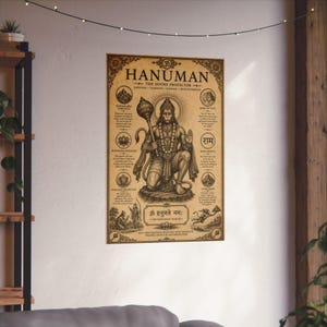 Hanuman poster featuring the powerful Hindu monkey god and devoted Ram Bhakt in an intricate vintage-inspired design. Spiritual Hindu wall art perfect for yoga studios, meditation rooms, prayer spaces, and sacred home decor. Ideal gift for Hinduism lovers, Indian mythology enthusiasts, yoga practitioners, and spiritual seekers who appreciate devotional artwork and traditional Indian culture.