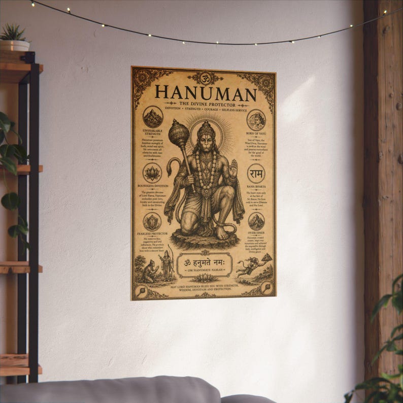 Hanuman poster featuring the powerful Hindu monkey god and devoted Ram Bhakt in an intricate vintage-inspired design. Spiritual Hindu wall art perfect for yoga studios, meditation rooms, prayer spaces, and sacred home decor. Ideal gift for Hinduism lovers, Indian mythology enthusiasts, yoga practitioners, and spiritual seekers who appreciate devotional artwork and traditional Indian culture.