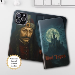 Funda para iPhone de Vlad Tepes, funda con tapa para iPhone de Vlad el Empalador, idea de regalo gótico, funda tipo cartera con tarjetero del Príncipe de Valaquia, Drácula