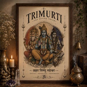 May include: A framed poster titled TRIMURTI THE DIVINE TRIAD featuring an illustration of three deities. The central figure is blue, flanked by a multi-headed figure on the left and a figure with a trident on the right. Text includes Sanskrit and English.