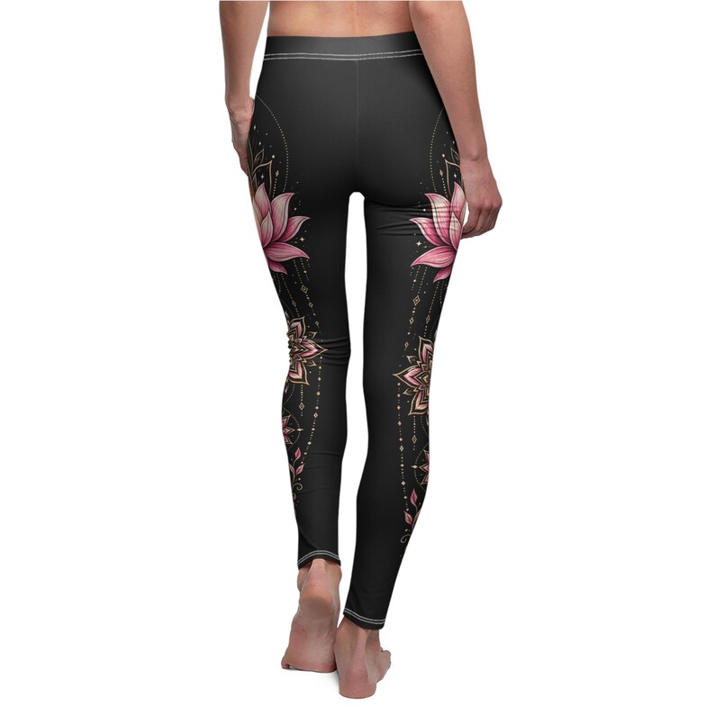 Lotus flower leggings for women featuring a vertical mandala design, spiritual yoga pants with boho aesthetic and divine feminine energy. Perfect meditation clothing, zen outfit for yoga lovers, mindfulness practice, and stylish activewear gift for her.
