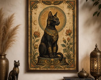 May include: A framed wall art print featuring a black cat sitting on a pedestal, adorned with gold jewelry and an Eye of Horus pendant. The cat is centered against a circular halo, flanked by lotus flowers, all within an ornate border.