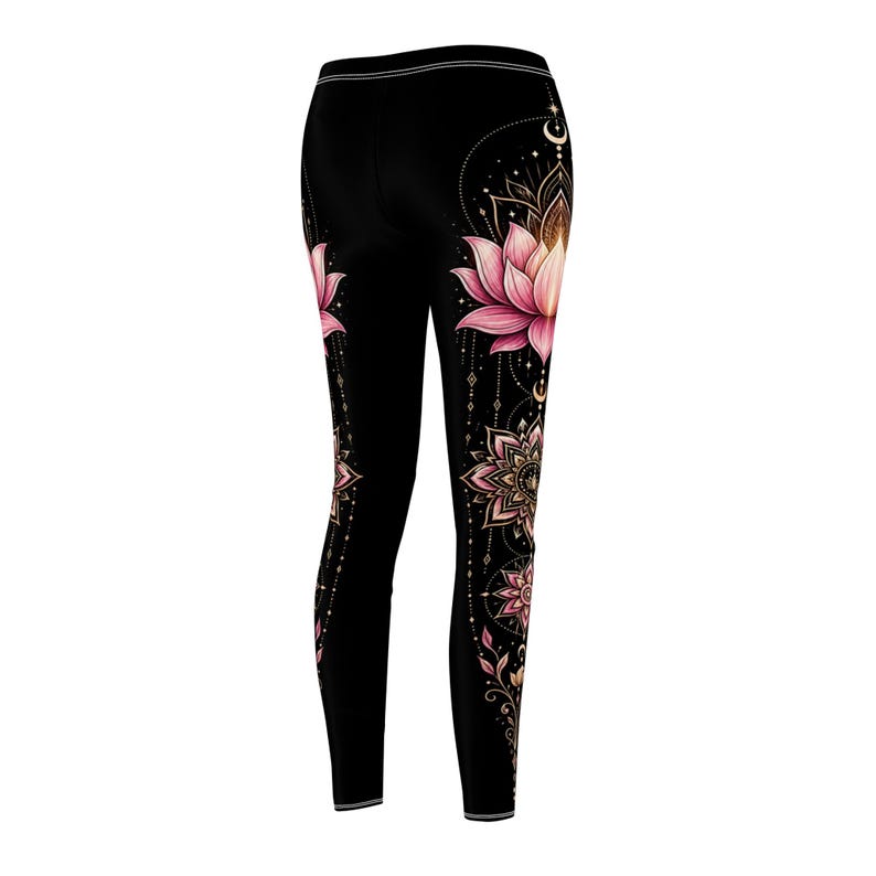 Lotus flower leggings for women featuring a vertical mandala design, spiritual yoga pants with boho aesthetic and divine feminine energy. Perfect meditation clothing, zen outfit for yoga lovers, mindfulness practice, and stylish activewear gift for her.