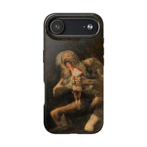 iPhone case featuring Goya's 'Saturn Devouring His Son,' printed with vivid detail. Made from durable materials, it protects your phone from scratches and damage. A perfect gift for art lovers or anyone seeking a unique, artistic phone accessory.