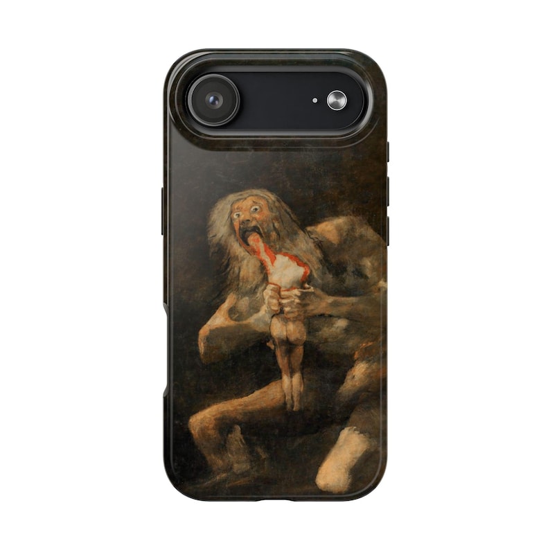 iPhone case featuring Goya's 'Saturn Devouring His Son,' printed with vivid detail. Made from durable materials, it protects your phone from scratches and damage. A perfect gift for art lovers or anyone seeking a unique, artistic phone accessory.