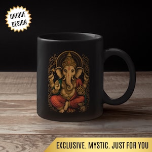 Black Ganesha Mug featuring Hindu Elephant God design, perfect for yoga lovers and spiritual gifts. Boho Indian graphic print. Available in 11oz and 15oz sizes. Ideal for tea or coffee, a unique addition to your collection