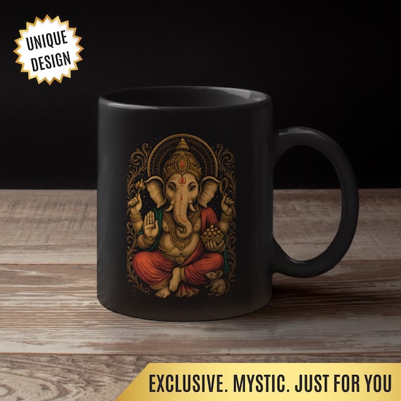 Ganesha Mug, Hindu Elephant God Mug, Lord Ganesh Mug, Yoga Lover Gift, Spiritual Gift, Boho Indian Graphic Mug, Black Mug (11oz, 15oz)