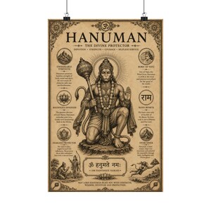 Hanuman poster featuring the powerful Hindu monkey god and devoted Ram Bhakt in an intricate vintage-inspired design. Spiritual Hindu wall art perfect for yoga studios, meditation rooms, prayer spaces, and sacred home decor. Ideal gift for Hinduism lovers, Indian mythology enthusiasts, yoga practitioners, and spiritual seekers who appreciate devotional artwork and traditional Indian culture.