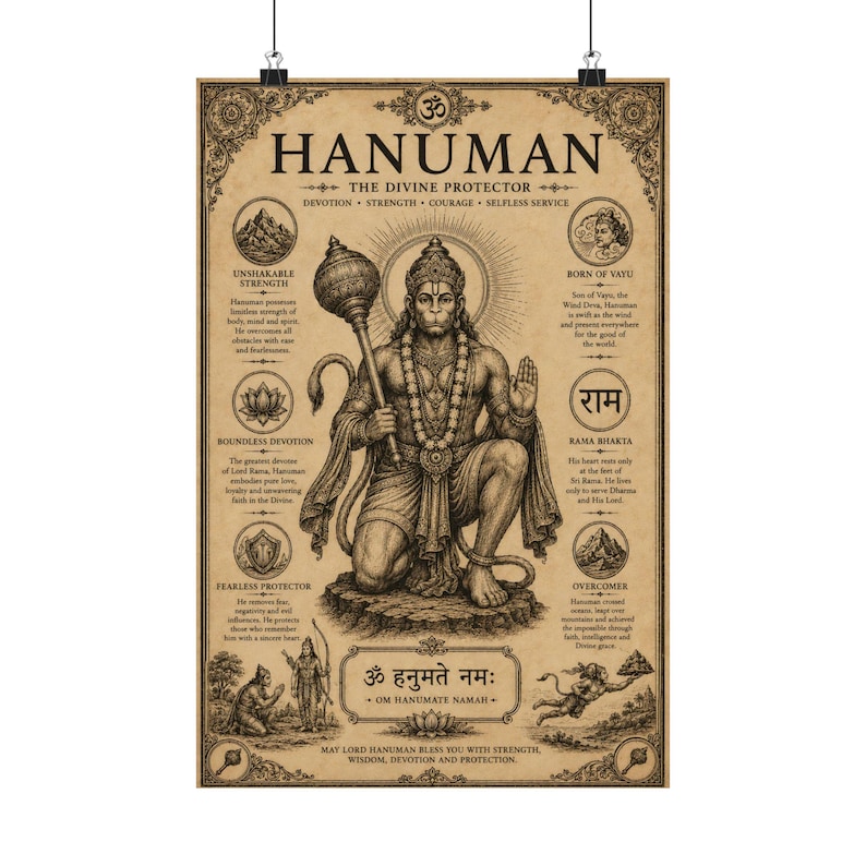 Hanuman poster featuring the powerful Hindu monkey god and devoted Ram Bhakt in an intricate vintage-inspired design. Spiritual Hindu wall art perfect for yoga studios, meditation rooms, prayer spaces, and sacred home decor. Ideal gift for Hinduism lovers, Indian mythology enthusiasts, yoga practitioners, and spiritual seekers who appreciate devotional artwork and traditional Indian culture.