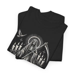 Santa Muerte Gothic Shirt - Holy Death T-Shirt featuring Day of the Dead skull design. Perfect Mexican folk art skeleton top for Dia de los Muertos celebrations or as a unique gift idea. Stylish and symbolic gothic tee for fans of Santa Muerte.