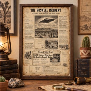 Op de afbeelding: Een ingelijste poster getiteld The Roswell Incident, A Historical Dossier on the 1947 New Mexico Mystery. Het document heeft een sepia-kleurige lay-out met tekst, een illustratie van een vliegende schotel, een kaart en een krantenknipsel.