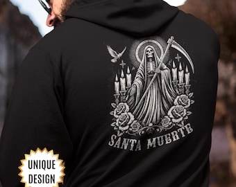 Sudadera gótica de la Santa Muerte, sudadera con capucha de la Santa Muerte, sudadera con capucha de calavera del Día de los Muertos, top de esqueleto de arte popular mexicano, Día de los Muertos