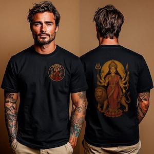 “Maa Durga T-shirt featuring the Hindu goddess of strength and protection, perfect for devotees of the divine feminine and Shakti power. Spiritual yoga clothing with sacred iconography, ideal for those seeking a powerful and meaningful Hindu goddess tee.