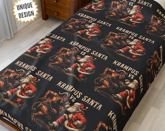 Krampus vs Santa Blanket: Funny Gothic Christmas Throw, Horror Holiday Velveteen Plush Blanket, Dark Xmas Gift for Creepy Festive Souls