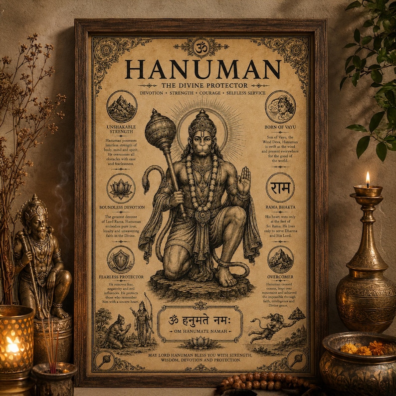 Hanuman poster featuring the powerful Hindu monkey god and devoted Ram Bhakt in an intricate vintage-inspired design. Spiritual Hindu wall art perfect for yoga studios, meditation rooms, prayer spaces, and sacred home decor. Ideal gift for Hinduism lovers, Indian mythology enthusiasts, yoga practitioners, and spiritual seekers who appreciate devotional artwork and traditional Indian culture.