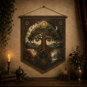 Tree of Life wall decor pennant featuring a vintage Celtic Tree of Life inspired by Yggdrasil with intricate sacred knotwork. Pagan altar wall hanging for Wiccan home decor, Norse mythology enthusiasts, Celtic spirituality, witchcraft spaces, meditation rooms, sacred altars, and nature-inspired spiritual gifts. Lightweight fabric tapestry with wooden dowel for easy hanging.
