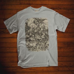 Albrecht Durer The Four Horsemen from The Apocalypse on a T-shirt. Detailed engraving of conquest, war, famine, and death in a classic, comfortable fit