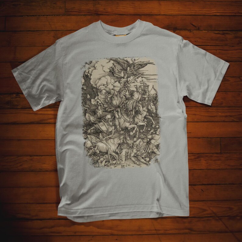 Albrecht Durer The Four Horsemen from The Apocalypse on a T-shirt. Detailed engraving of conquest, war, famine, and death in a classic, comfortable fit