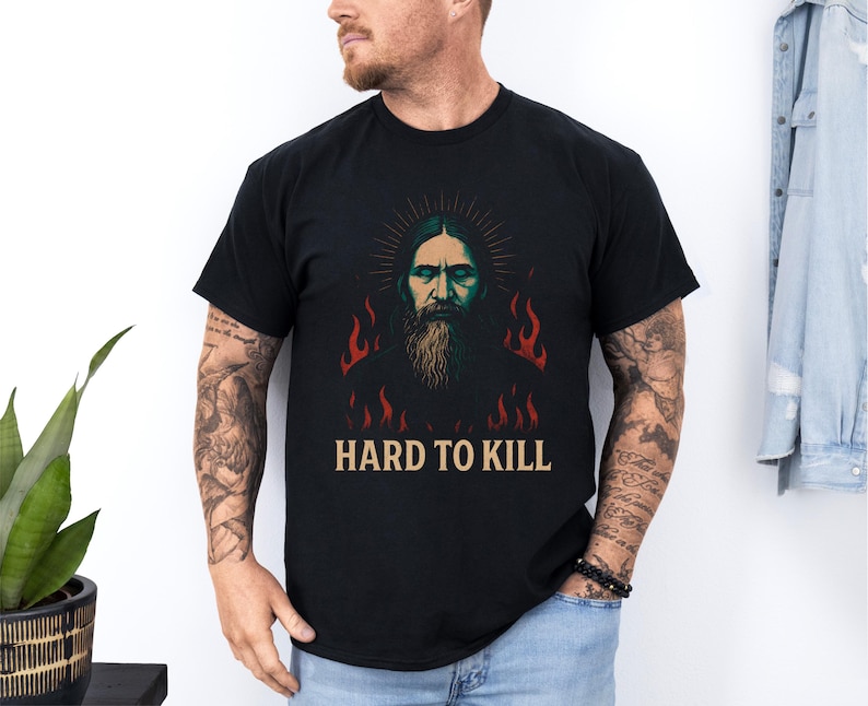 Mystical Rasputin t-shirt featuring a dark grunge occult illustration inspired by the legendary Russian mystic, with gothic aesthetic and esoteric symbolism. Funny dark humor shirt for history lovers, occult fans, and gothic style enthusiasts, designed with a vintage distressed look.