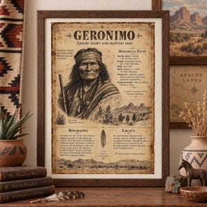 Puede incluir: Un póster histórico enmarcado con un retrato de Gerónimo, líder apache y hombre medicina. El documento incluye textos biográficos, hechos históricos y una sección sobre su legado en un fondo de tono sepia con ilustraciones.