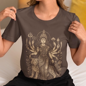 Hindu Goddess Durga T-shirt featuring a divine feminine design, perfect for spiritual lovers. Embrace the power of Durga with this occult mythology shirt. A unique dark goddess apparel piece for those who honor the sacred and mystical