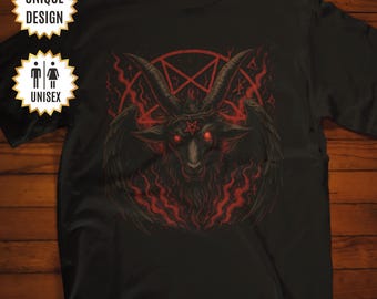 May include: Black t-shirt with a graphic of a goat's head with red eyes and horns, surrounded by flames and a pentagram. The text "EXCLUSIVE. DARK. JUST FOR YOU" is at the bottom of the shirt.