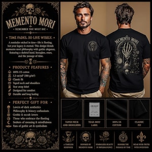 Memento Mori shirt featuring a vintage skeleton hand holding an hourglass, inspired by Stoic philosophy and mortality symbolism. Gothic t-shirt design with dark academia aesthetic, antique engraving style artwork, and memento mori theme. Perfect for lovers of stoicism, philosophy, gothic fashion, medieval art, existential symbolism, and alternative clothing.