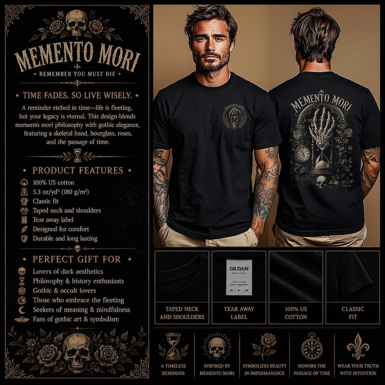 Memento Mori shirt featuring a vintage skeleton hand holding an hourglass, inspired by Stoic philosophy and mortality symbolism. Gothic t-shirt design with dark academia aesthetic, antique engraving style artwork, and memento mori theme. Perfect for lovers of stoicism, philosophy, gothic fashion, medieval art, existential symbolism, and alternative clothing.