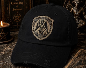 Baphomet Cap Gift For Gothic, Satanic Hat, Occult Goth Cap Fashion Sabbatic Goat, Wiccan Headwear, Gift for Him or Her, Distressed Cap