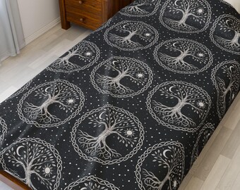 Tree of Life Blanket: Yggdrasil Velveteen Plush Throw with Celtic Knot Design, Norse Pagan Gift, Witchy Spiritual Decor