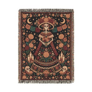 La Catrina woven blanket featuring colorful Dia de los Muertos folk art and an elegant calavera woman design. A striking Day of the Dead wall hanging, Mexican folk art tapestry, or decorative throw for gothic and sugar skull decor lovers, and a unique calavera gift inspired by traditional Mexican imagery.