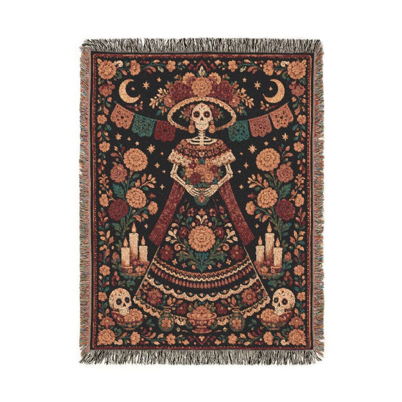 La Catrina woven blanket featuring colorful Dia de los Muertos folk art and an elegant calavera woman design. A striking Day of the Dead wall hanging, Mexican folk art tapestry, or decorative throw for gothic and sugar skull decor lovers, and a unique calavera gift inspired by traditional Mexican imagery.