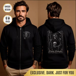 Sudadera con capucha y cremallera de la Parca, Sudadera gótica Doom Bringer, Sudadera con capucha Dark Skull Death, Ropa ocultista de la Parca, Idea de regalo alternativa