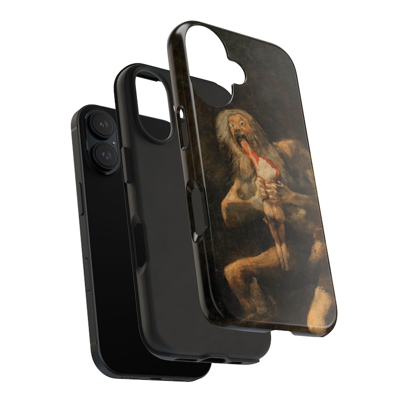 iPhone case featuring Goya's 'Saturn Devouring His Son,' printed with vivid detail. Made from durable materials, it protects your phone from scratches and damage. A perfect gift for art lovers or anyone seeking a unique, artistic phone accessory.