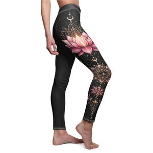 Lotus flower leggings for women featuring a vertical mandala design, spiritual yoga pants with boho aesthetic and divine feminine energy. Perfect meditation clothing, zen outfit for yoga lovers, mindfulness practice, and stylish activewear gift for her.